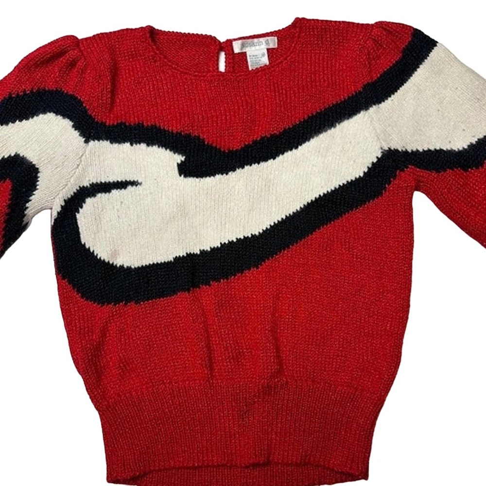 Vintage 80s Red White Black Fuzzy Sweater Long Sleeve Womens M